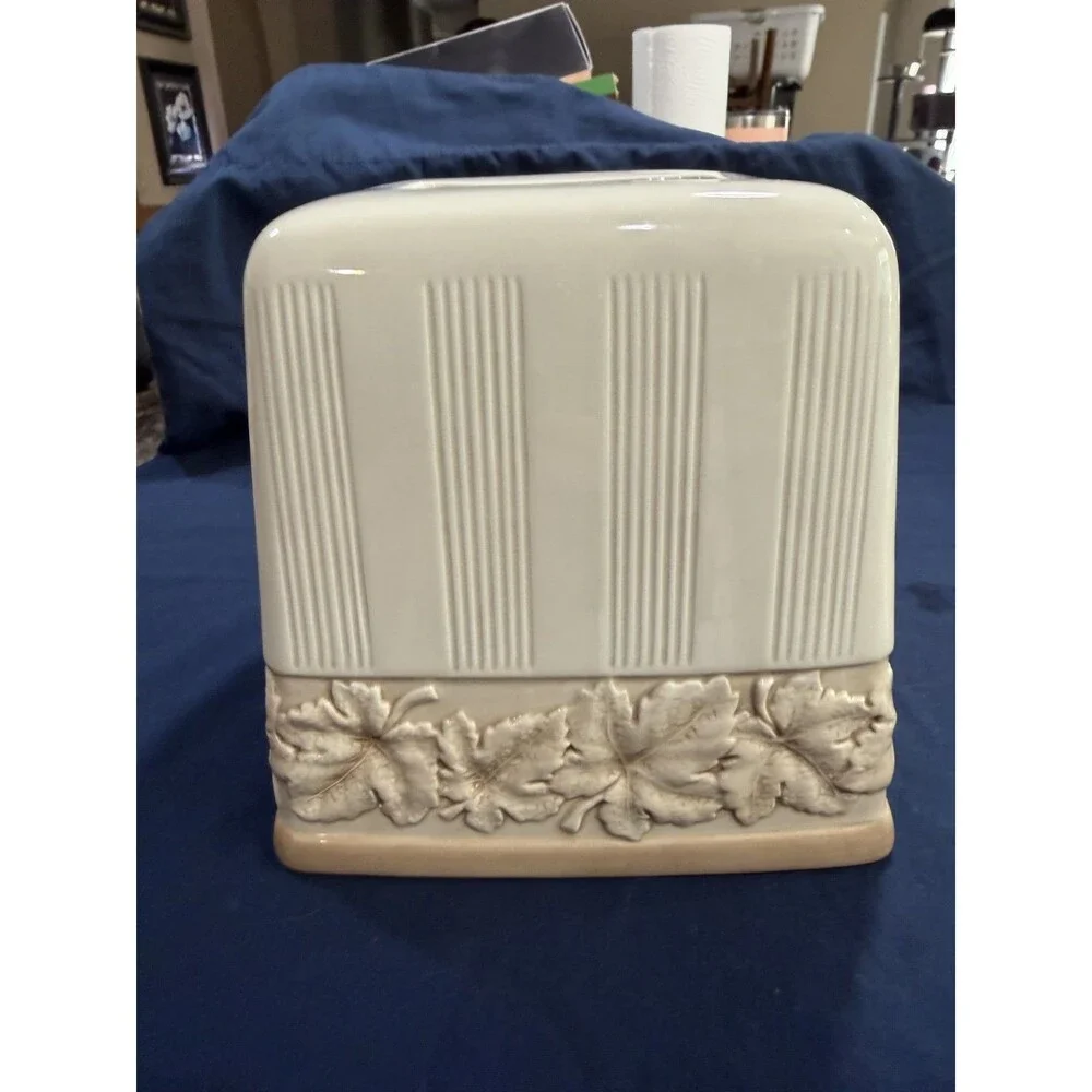 Stratton Earthenware Tissue Box Cover Ceramic Ivory Tan Beige Leaves Neutral